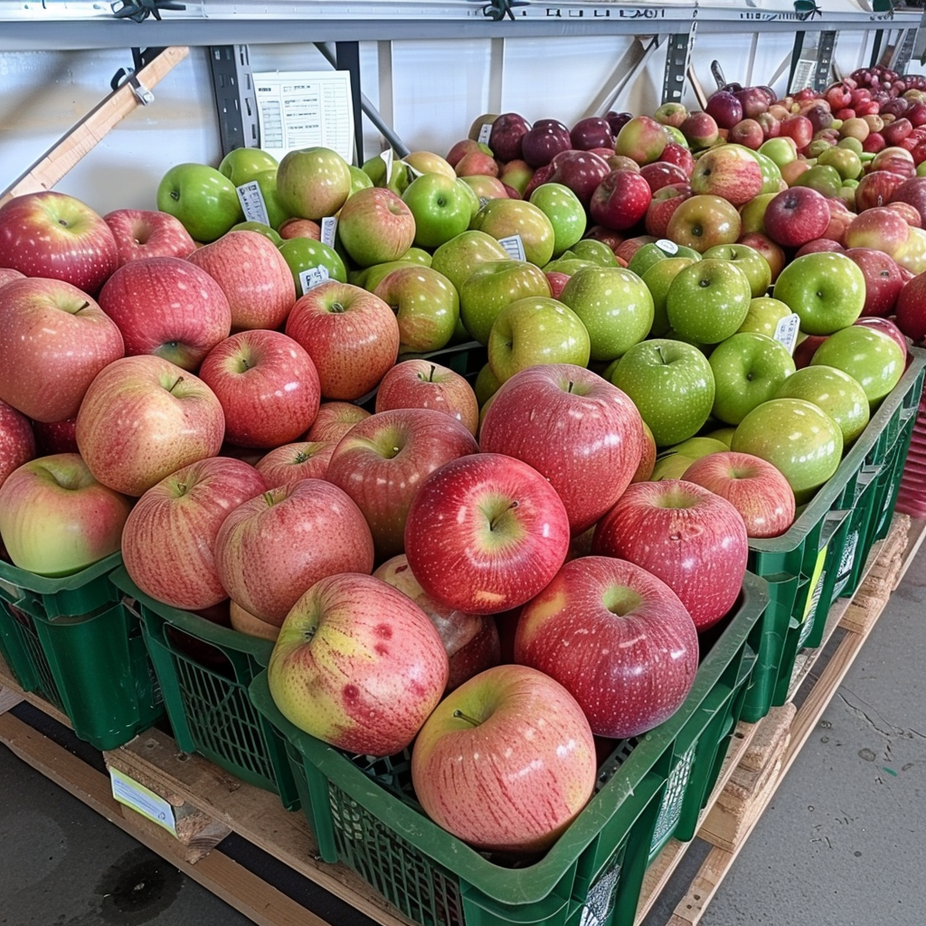 Apples in bins at a market